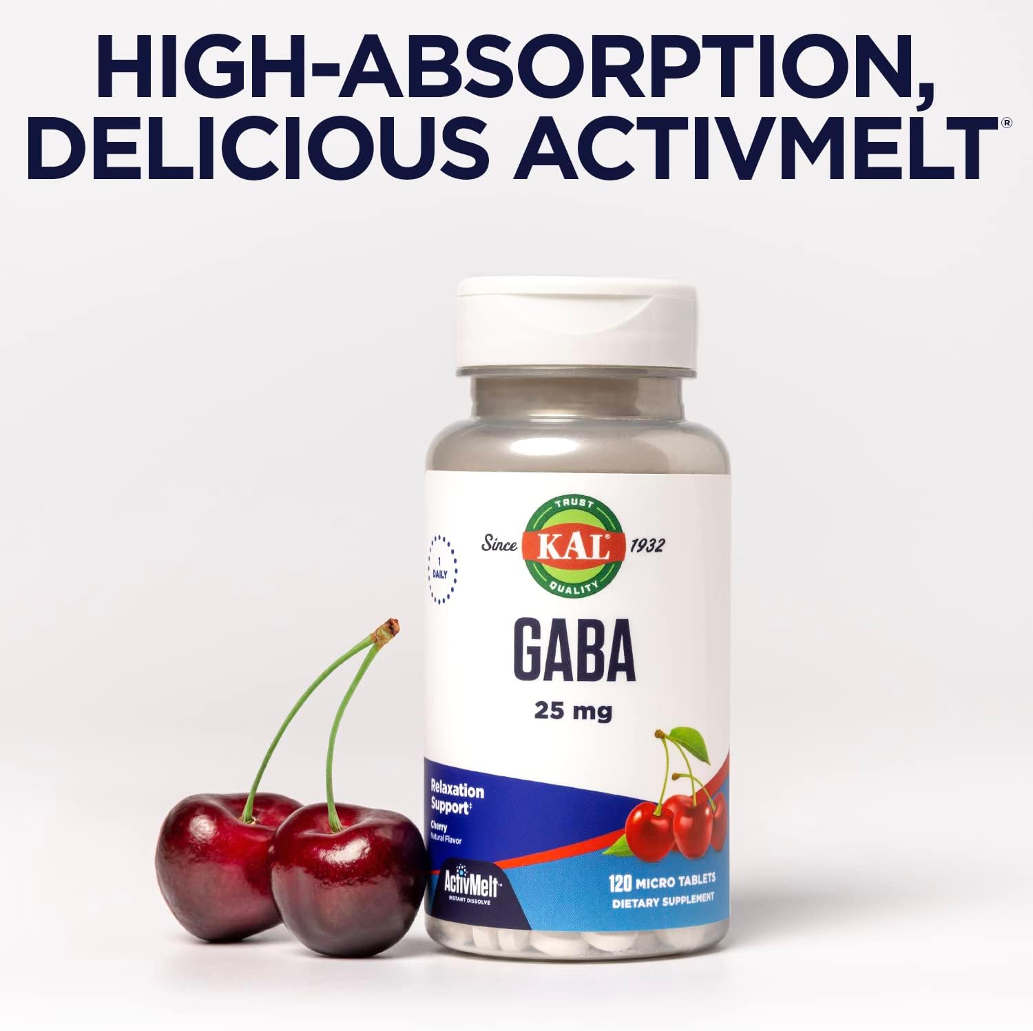 KAL GABA Suplemento, 120 Micro Comprimidos de Disolución Instantánea, Sabor Cereza Natural