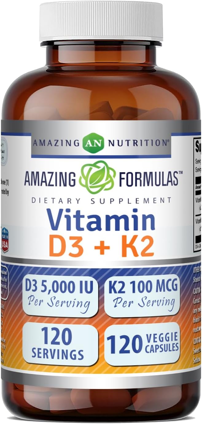 Amazing Formulas Vitamina D3 5000 UI con Vitamina K2 100 mcg, 120 Cápsulas Vegetales