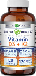 Amazing Formulas Vitamina D3 5000 UI con Vitamina K2 100 mcg, 120 Cápsulas Vegetales