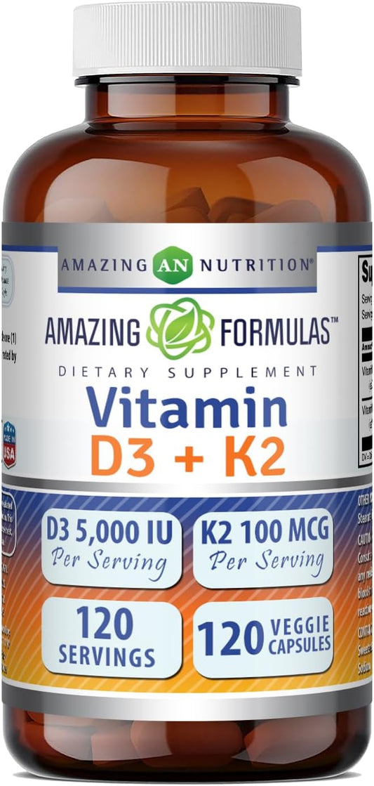 Amazing Formulas Vitamina D3 5000 UI con Vitamina K2 100 mcg, 120 Cápsulas Vegetales