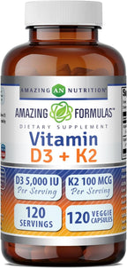 Amazing Formulas Vitamina D3 5000 UI con Vitamina K2 100 mcg - 250 Cápsulas Vegetales