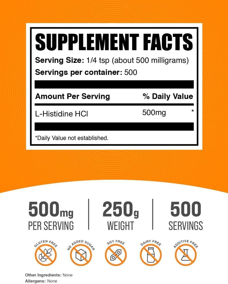 L-Histidine HCl en Polvo - Suplemento de L-Histidina - Aminoácido Esencial - 500mg por Ración - 250g