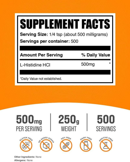 L-Histidine HCl en Polvo - Suplemento de L-Histidina - Aminoácido Esencial - 500mg por Ración - 250g – Image 2
