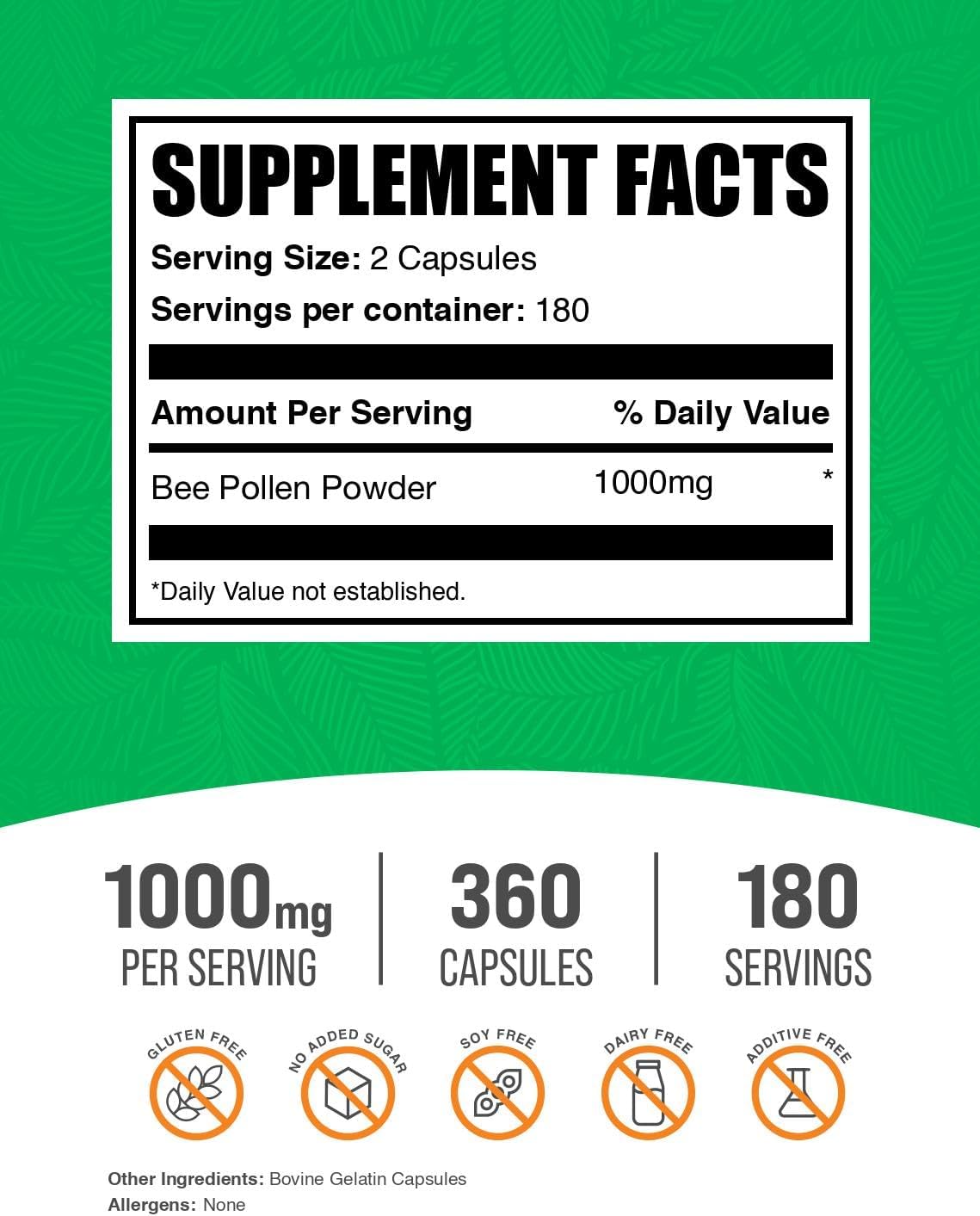 BulkSupplements.com Cápsulas de Polen de Abeja - 360 Count (Pack de 1)