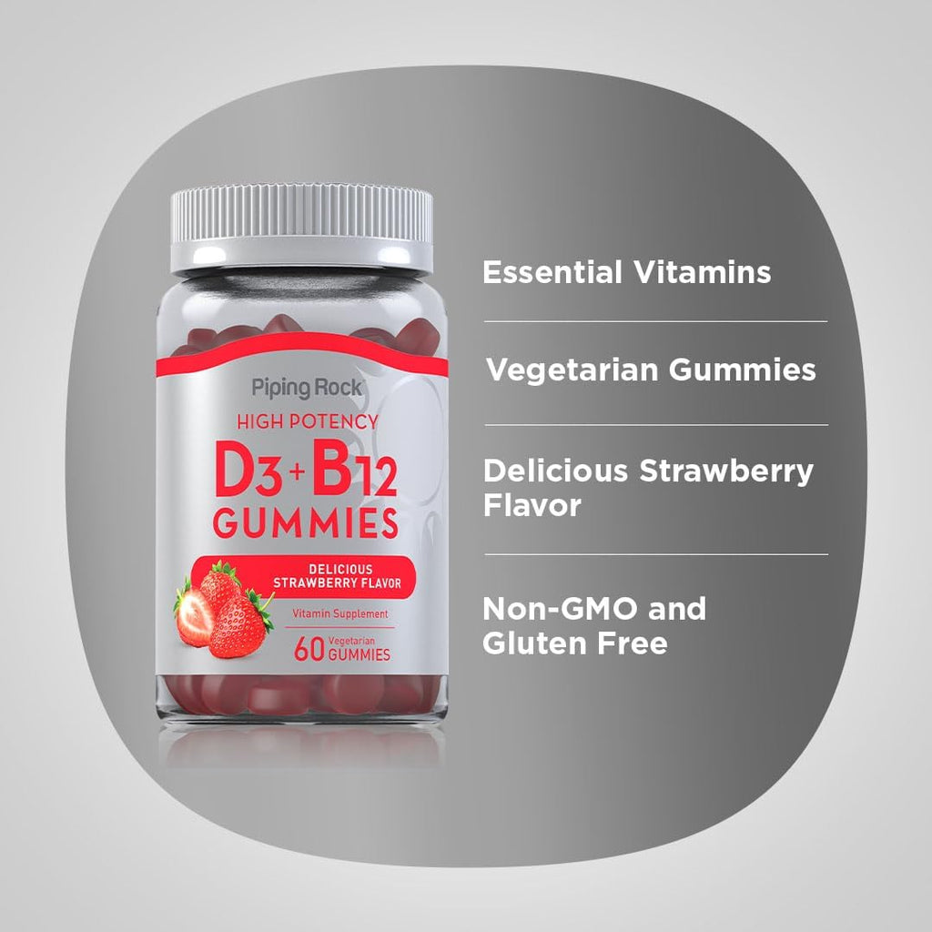 Piping Rock Gomitas de Vitamina D3 y B12 | 60 unidades | Complemento para Mujeres y Hombres | Alta Potencia | Sabor a Fresa | Vegetariano, Sin OGM, Sin Gluten