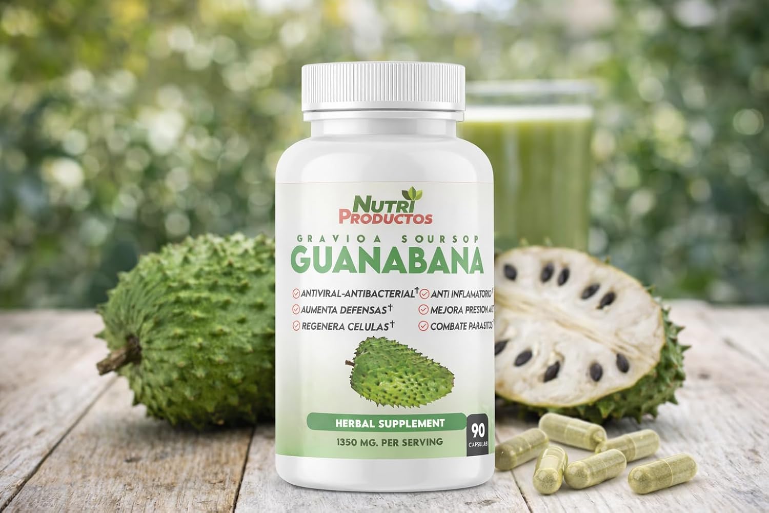 Nutrisalud Products Cápsulas de Guanábana Extra Potente 1350mg por ración. Set de 2 frascos con 90 cápsulas cada uno.