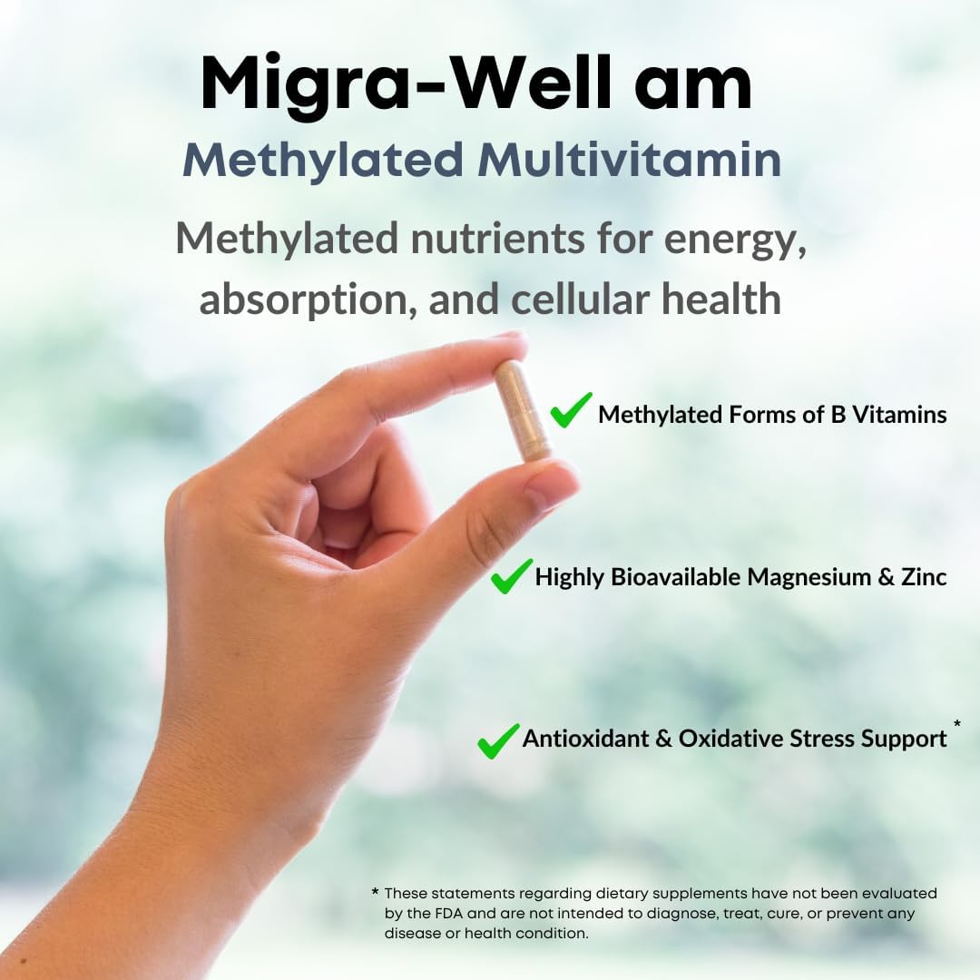 Wellkasa Migra-Well AM: Multivitamínico Metilado Diario con Minerales Biodisponibles y Antioxidantes para la Salud Cerebral y Nerviosa - Sin Hierro (60 Cápsulas)