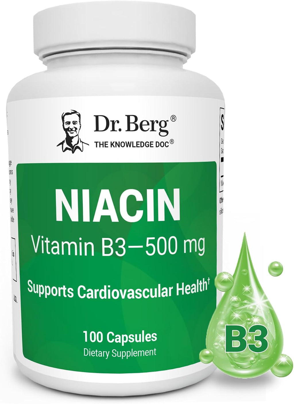 Dr. Berg Niacina de Alta Potencia 500 mg – 125 mg por Cápsula para Construir Tolerancia al Flush – 100 Cápsulas