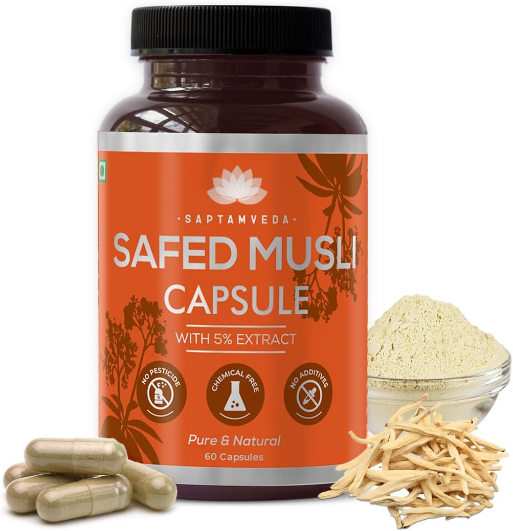 SAPTAMVEDA Cápsulas Naturales de Safed Musli, 500 mg cada una con Extracto, 60 Cápsulas (Paquete de 1)