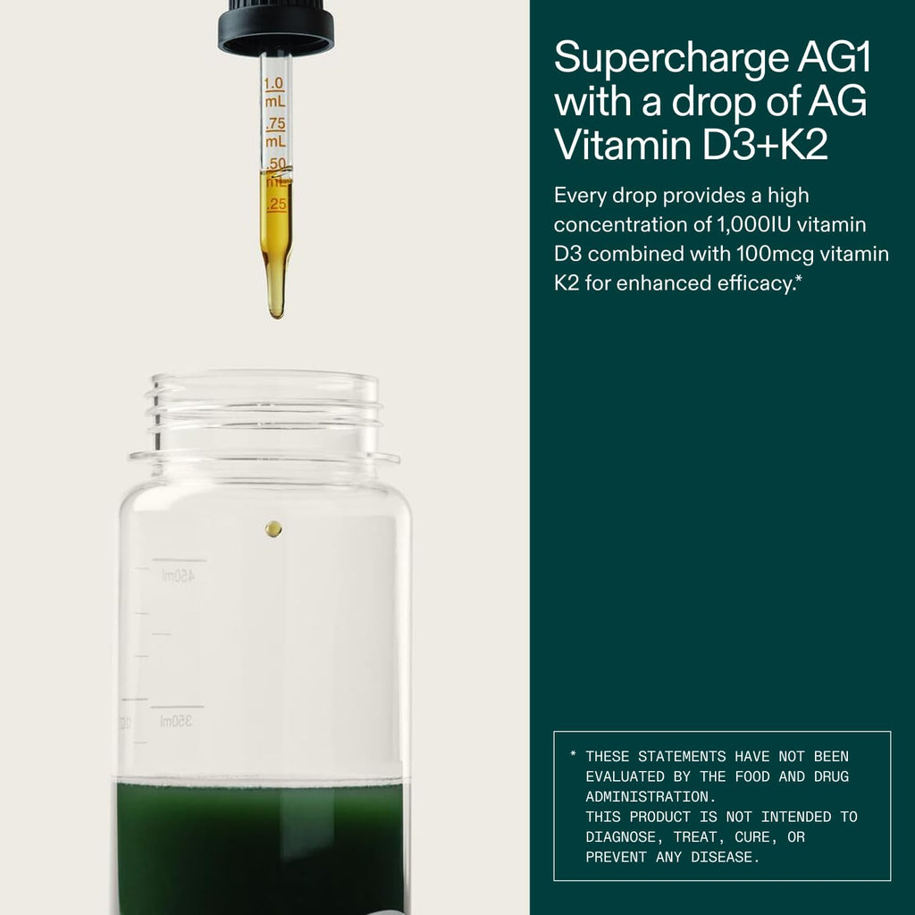 AG1 Vitamina D3 + K2 Gotas Líquidas | 1000 UI D3 + 100 mcg K2 | Apoyo Óseo e Inmunitario | Fórmula Vegana