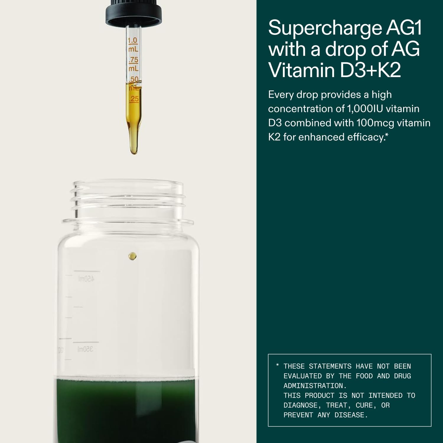 AG1 Vitamina D3 + K2 Gotas Líquidas | 1000 UI D3 + 100 mcg K2 | Apoyo Óseo e Inmunitario | Fórmula Vegana