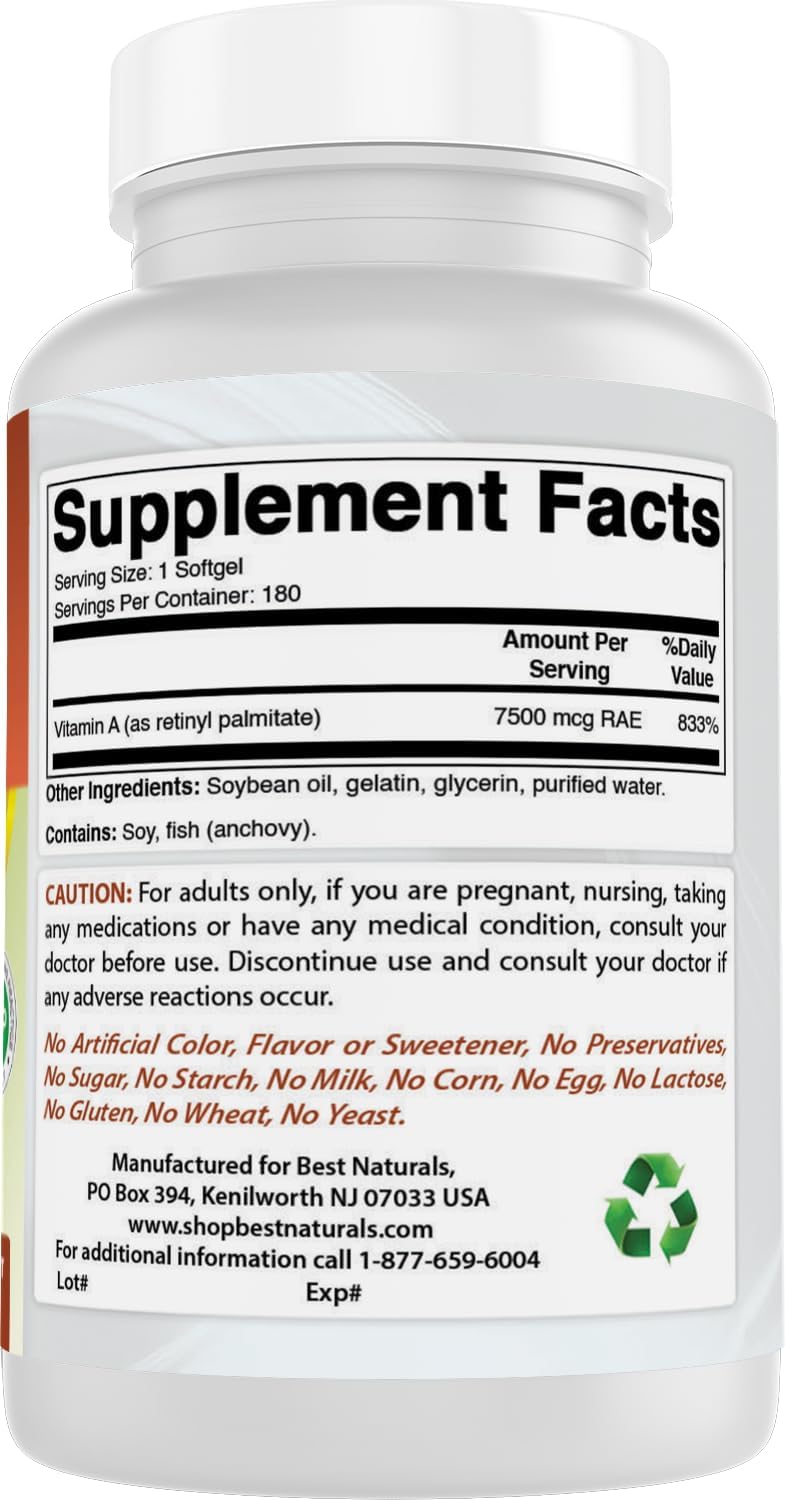 Best Naturals Vitamina A 25000 UI (7500 mcg) – 180 Cápsulas Blandas
