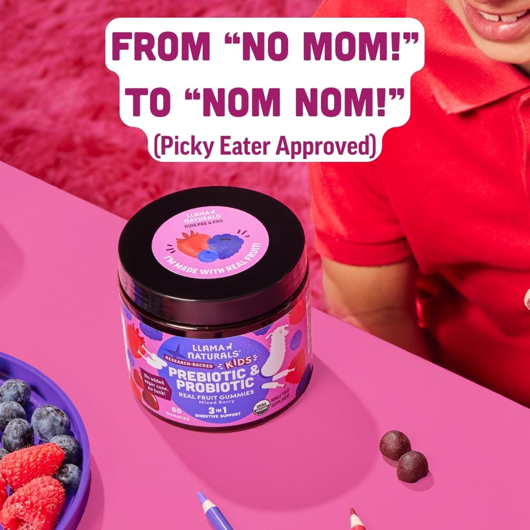 Llama Naturals Probiótico Infantil con Prebiótico, Gominolas Veganas de Fruta Real, Sin Azúcar Añadido, Mixed Berry, 60 Ct