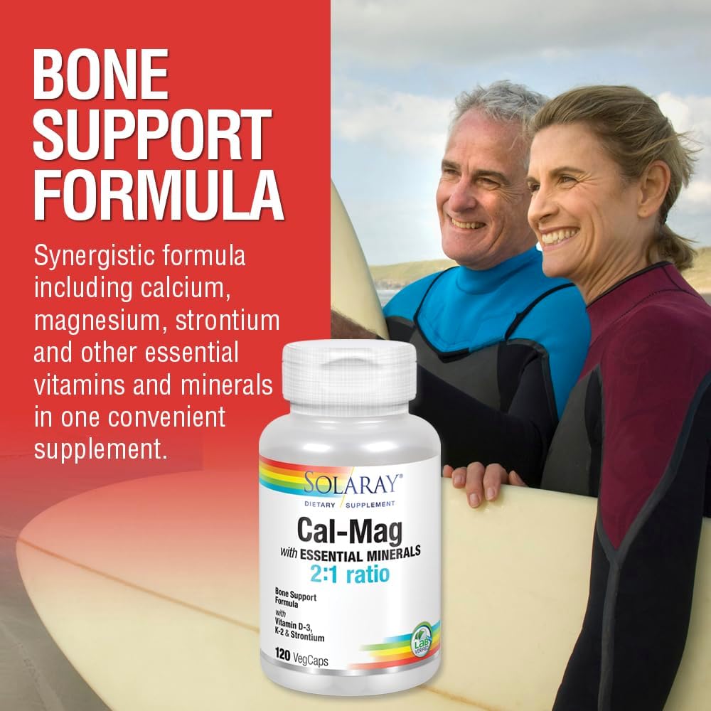 Solaray Cal-Mag con Minerales Trazas – Calcio, Magnesio, Estroncio, Vitaminas D-3 y K-2 – 120 Cápsulas Veganas