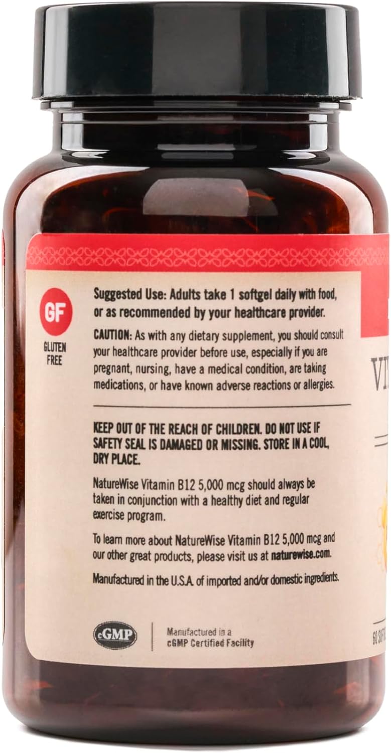 NatureWise Vitamina B12 5000 mcg - Fórmula Extra Fuerte - Complemento para Apoyar los Niveles de Energía, Claridad Mental, Salud del Sistema Nervioso - Fácil de Tragar, Sin Soja ni Gluten, No GMO - 60 Cápsulas Blandas
