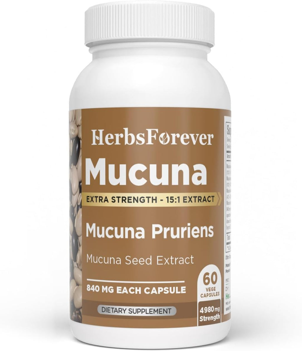 Herbsforever Mucuna Pruriens (Frijol Terciopelo) Extracto Extra Fuerte 15:1 - 60 Cápsulas Veganas