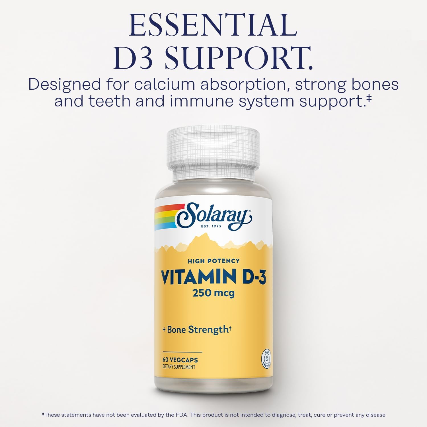 SOLARAY Vitamina D3 10000IU (250 mcg) - Suplemento de Alta Potencia para Huesos e Inmunidad - 60 Cápsulas Veganas