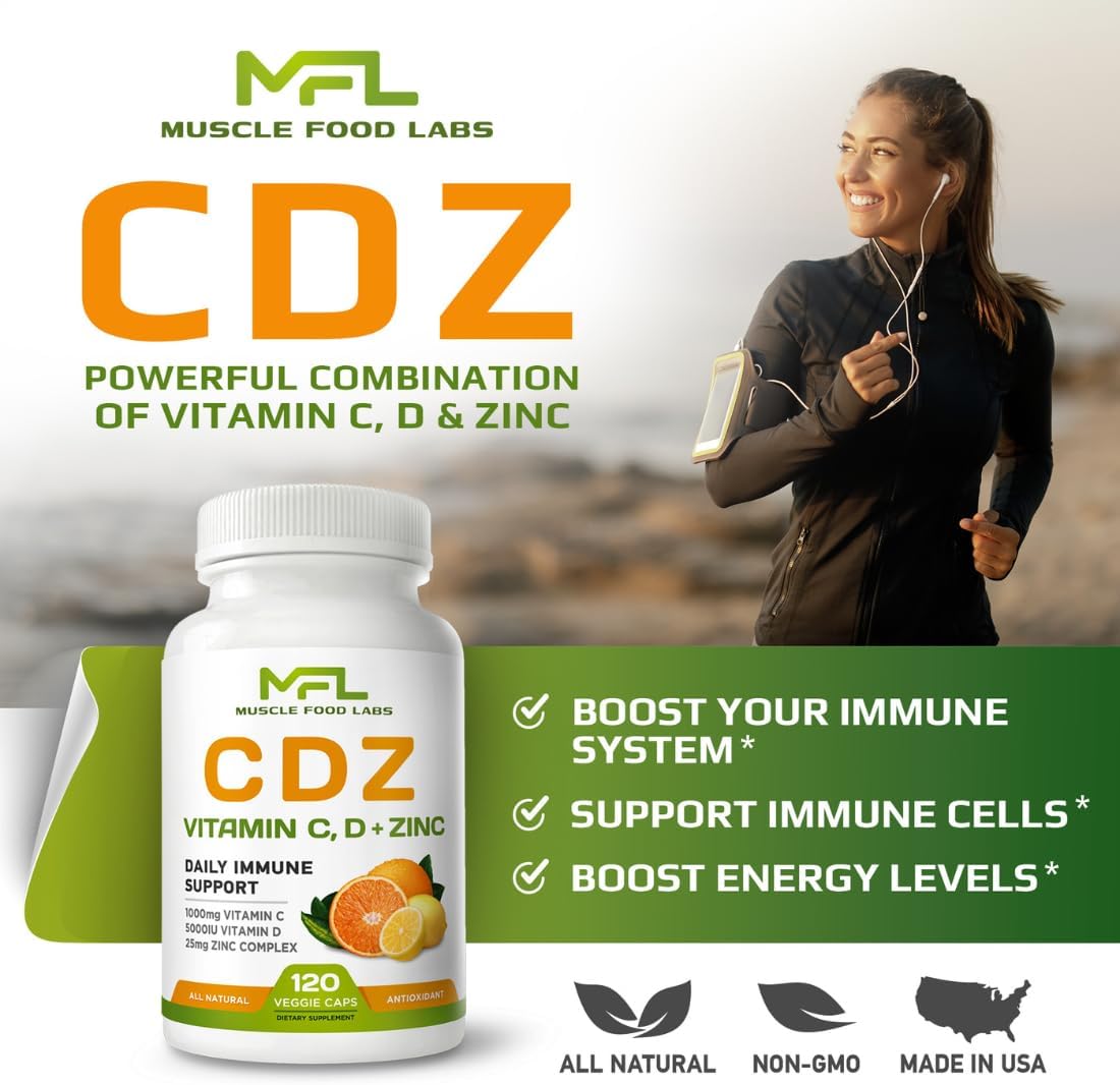 MUSCLE FOOD LABS C D Z | Vitamina C (1000mg), Vitamina D3 (125mcg), Zinc (25mg) + Bioflavonoides - 240 Cápsulas Vegetarianas (2 Envases)