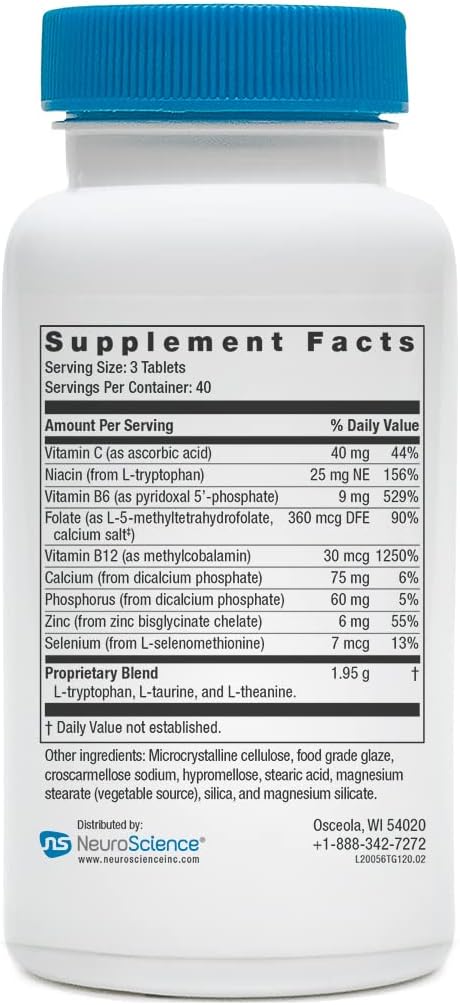 NeuroScience TravaGen - Emotional Support & Stress Relief with L-Tryptophan, L-Theanine, & B Vitamins (120 Capsules)