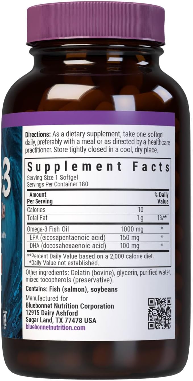 BlueBonnet Omega 3 1000mg Aceite de Salmón Salvaje - EPA DHA - 180 Cápsulas
