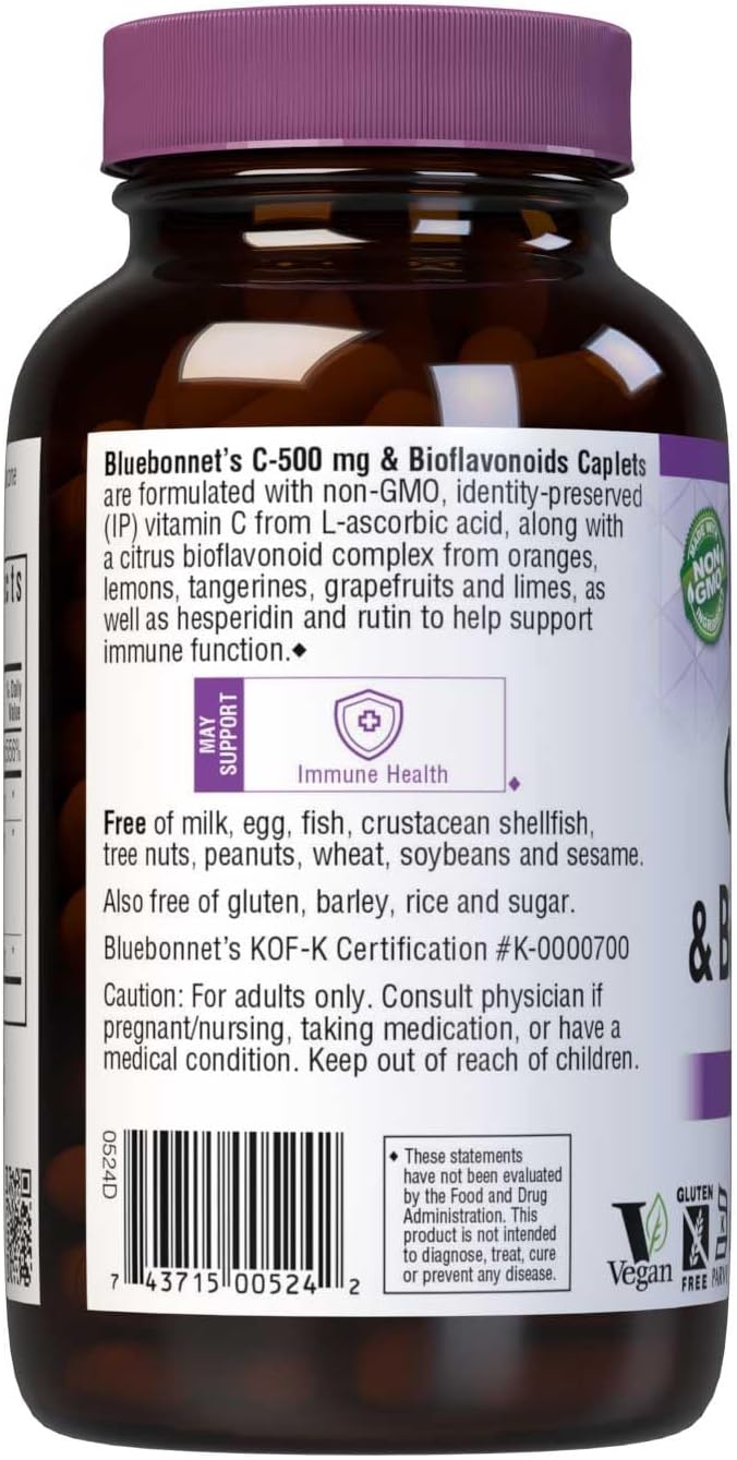 Bluebonnet Nutrition C-500 mg con Bioflavonoides Cítricos, 500 mg de Vitamina C y 250 mg de Bioflavonoides, 180 Caplets