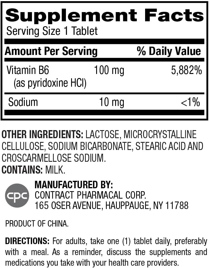Earth's Splendor Vitamina B6 100 mg, 250 Comprimidos - Suplemento Energético