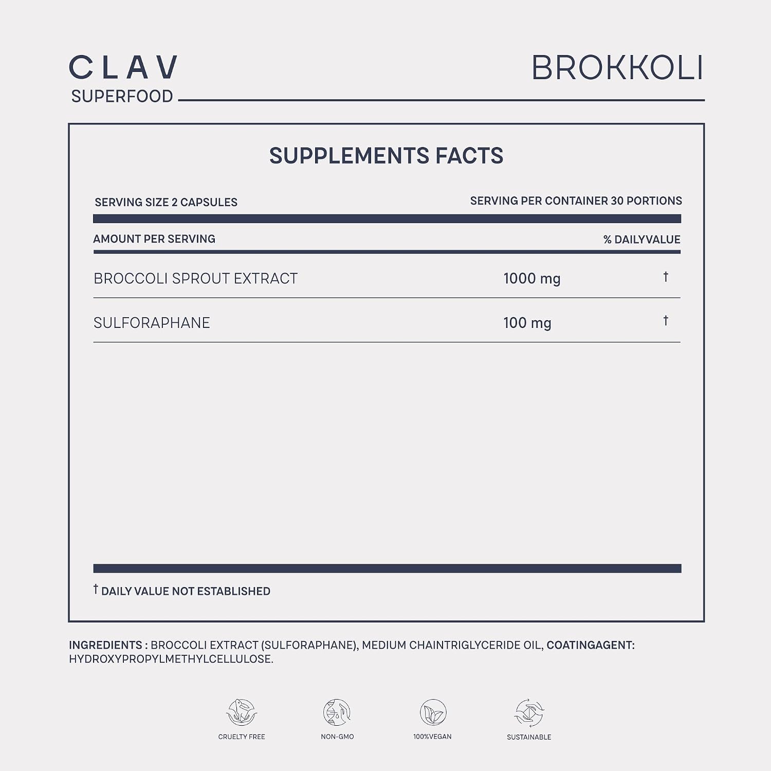 CLAV Cápsulas de Extracto de Germinados de Brócoli - 1000mg con 100mg de Sulforafano - Antioxidante - 60 Cápsulas - Vegano, Sin Gluten