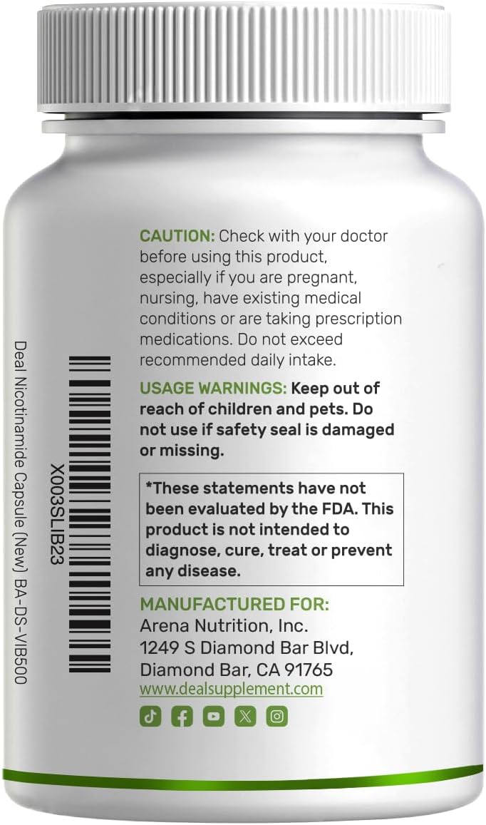 Vitamina B3 Niacinamida 1000 mg - 500 Cápsulas - Sin Rubor