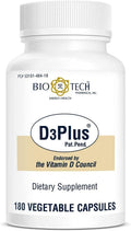 Bio-Tech Pharmacal D3Plus, 180 Vegetable Capsules - Supplement with Vitamin D3, K2, Magnesium, Zinc and Boron