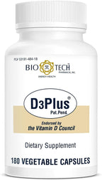 Bio-Tech Pharmacal D3Plus, 180 Vegetable Capsules - Supplement with Vitamin D3, K2, Magnesium, Zinc and Boron