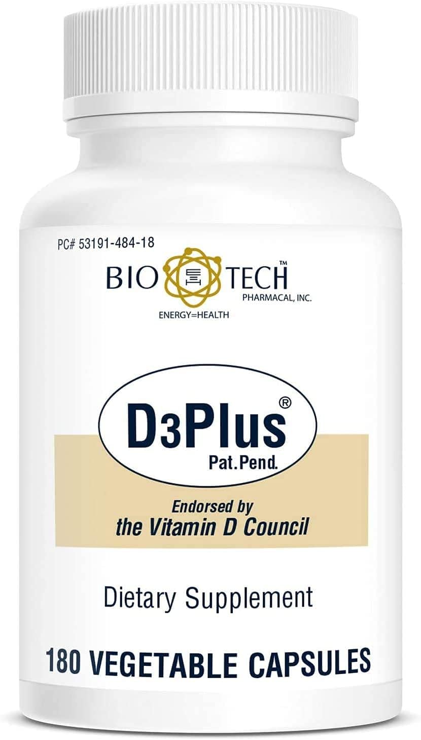 Bio-Tech Pharmacal D3Plus, 180 Vegetable Capsules - Supplement with Vitamin D3, K2, Magnesium, Zinc and Boron