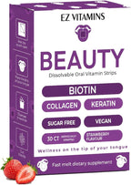 EZ VITAMINS Tiras Orales de Biotina, Vitamina E, Colágeno y Folato - Sabor Fresa - 30 Tiras