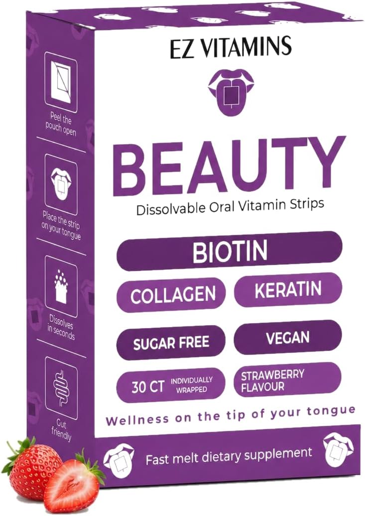 EZ VITAMINS Tiras Orales de Biotina, Vitamina E, Colágeno y Folato - Sabor Fresa - 30 Tiras