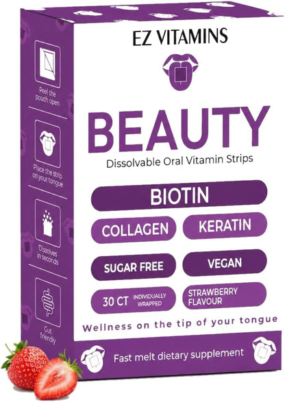 EZ VITAMINS Tiras Orales de Biotina, – La biotina contribuye al mantenimiento del cabello en condiciones normales. – Image 1