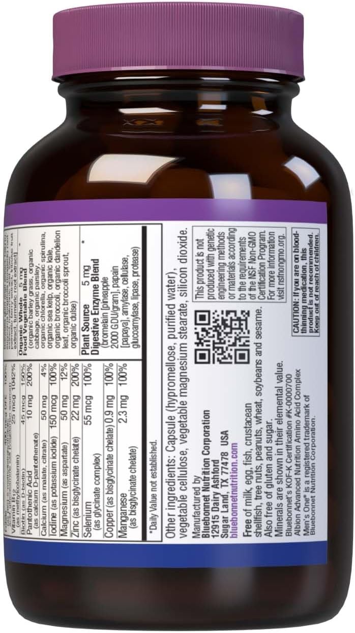 BlueBonnet Nutrition Men's ONE 40+ Multivitamínico para Hombres - Base de Alimentos Integrales, Sin Soja, No GMO, Sin Gluten, 30 Cápsulas Vegetales