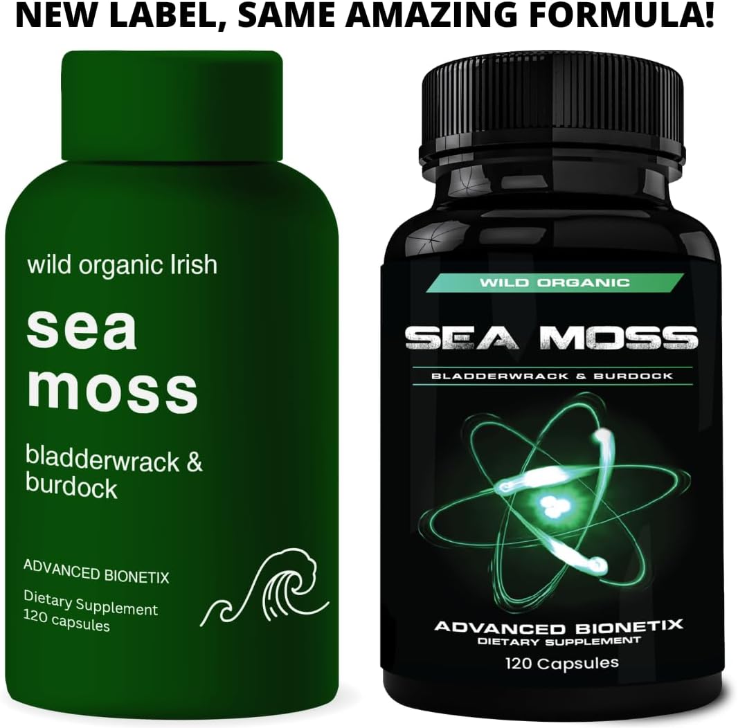 Advanced Bionetix Cápsulas de Musgo Marino Orgánico Irish Sea Moss con Bladderwrack y Bardana (120 Cápsulas)