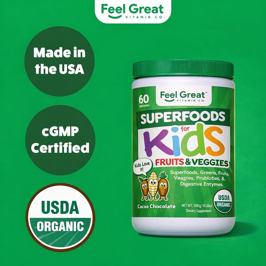 Feel Great Super Greens en Polvo Orgánico USDA para Niños, Sabor Chocolate, Suplemento de Frutas y Verduras con Probióticos y Enzimas Digestivas, 60 Días