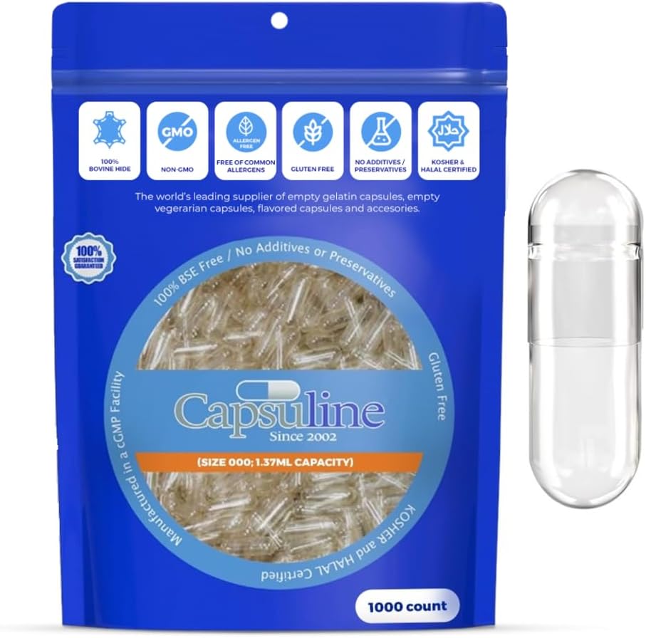 Capsuline Empty Gelatin Capsules Size 000, Clear - 1000 Count | Gluten-Free, Kosher, Non-GMO | Pure Bovine Capsules for Filling Homemade Supplements