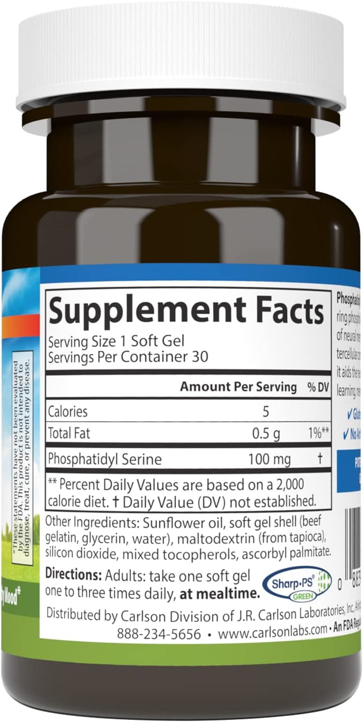 Carlson - Fosfatidilserina, 100 mg, No Transgénico, Función Cerebral, 30 Cápsulas Blandas