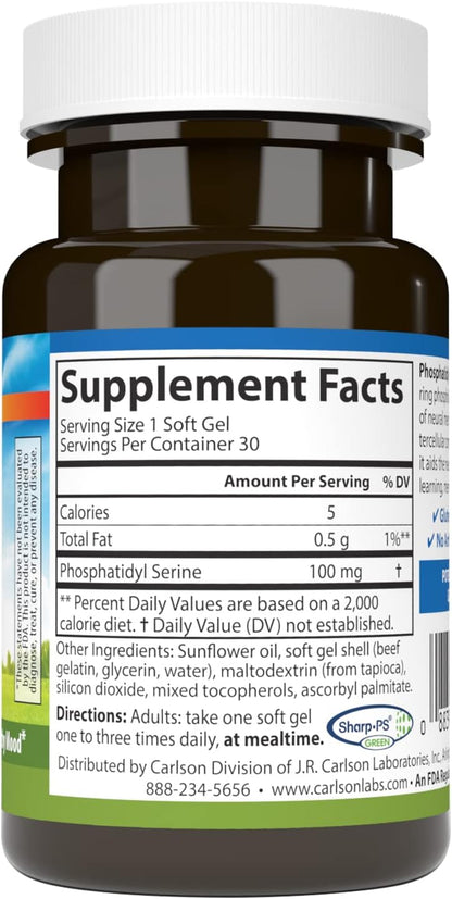 Carlson - Fosfatidilserina, 100 mg, No OGM, Función Cerebral, 30 Cápsulas Blandas – Image 2