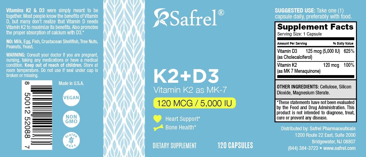 Safrel Vitamina D3 5000 UI + K2 MK-7 120 mcg, 120 Cápsulas