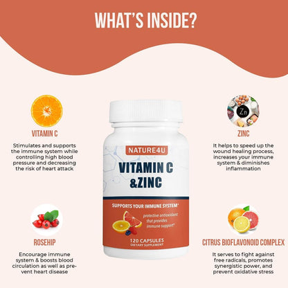 Nature4U Vitamina C 1000 mg con Zinc, Escaramujo y Bioflavonoides Cítricos, 120 Cápsulas – Image 3