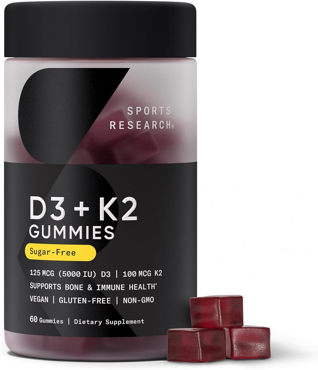 Sports Research Vitamina D3 + K2 Gominolas Veganas Sin Azúcar - 5000 UI D3 + 100 mcg MK-7 - 60 unidades