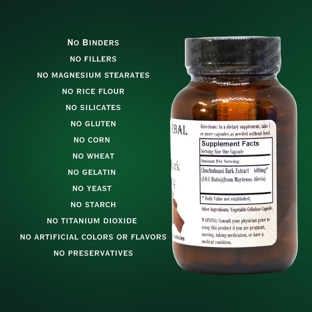 Extracto de Corteza de Chuchuhuasi 10:1 | 600mg | 60 Cápsulas Veganas, Kosher y Halal | Sin Estearatos, Sin Rellenos, Envasado en Vidrio