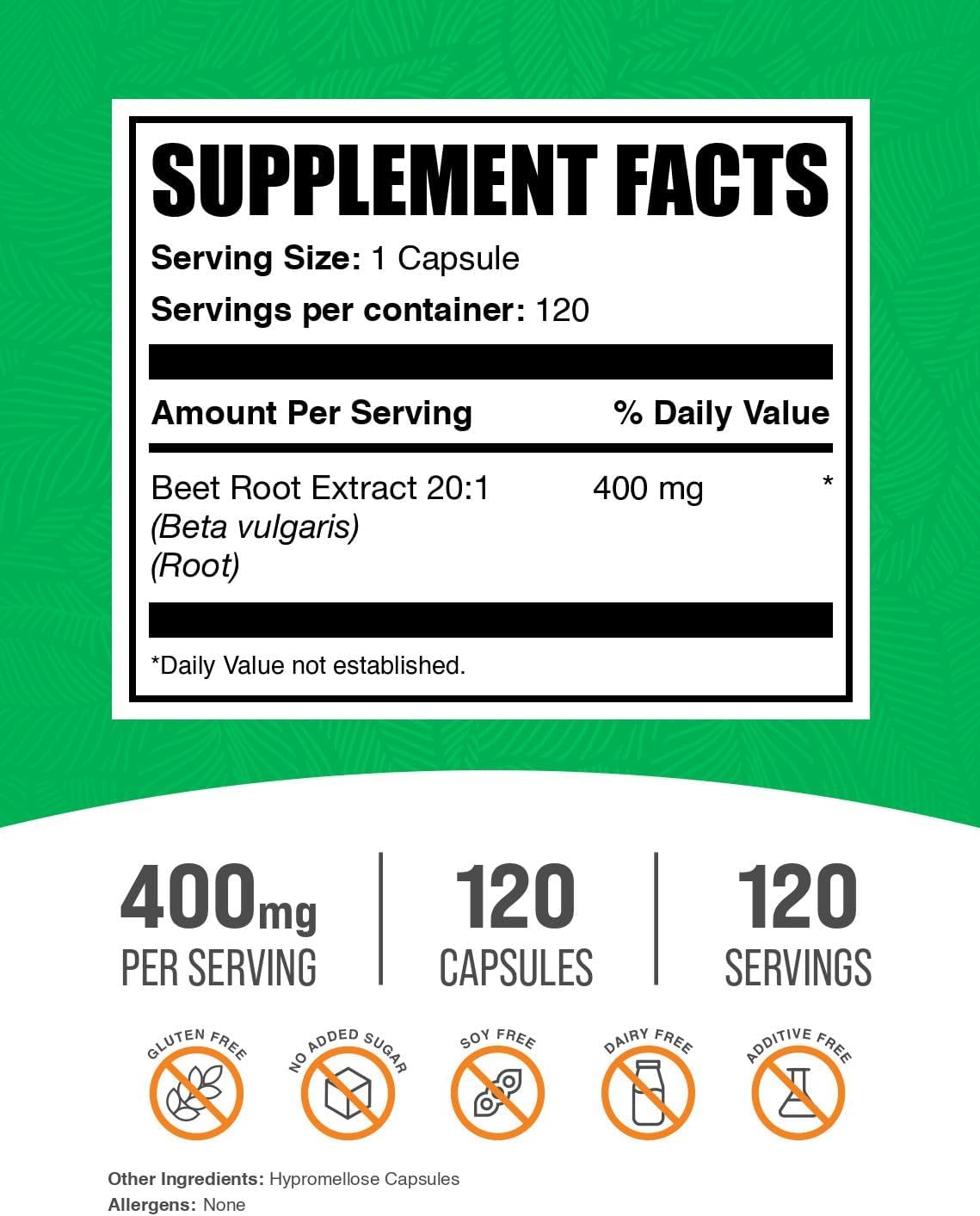 Cápsulas de Extracto de Remolacha - 400mg, 120 Cápsulas (Vegano, Sin Gluten)