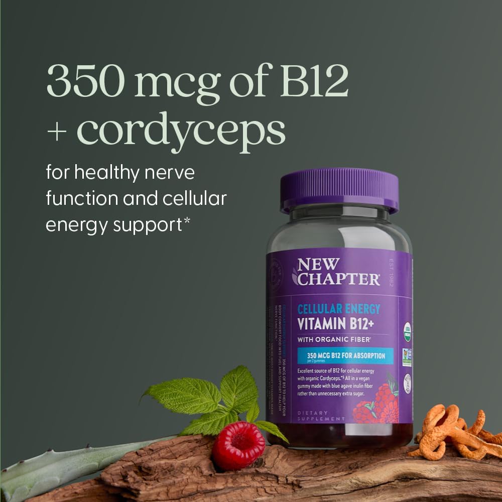 New Chapter® Gominolas Orgánicas de Vitamina B12+ – 47% Menos Azúcar, USDA Orgánico, Vegano, Sabor Frambuesa, 60 unidades