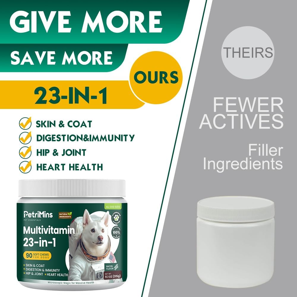 PetriMins 23-en-1 Multivitamínico para Perros con Glucosamina y Omega-3 - Masticables de Bacon, 90 unidades