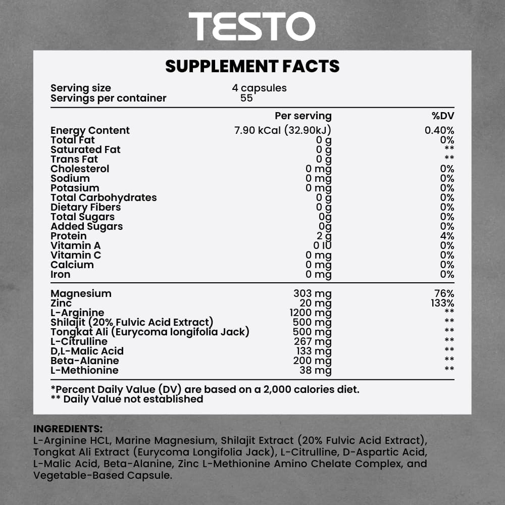 COURA Testo Booster y Multivitamínico para Hombre, 220 Cápsulas (55 Dosis), con Shilajit, Zinc, Magnesio, L-Arginina y Citrulina