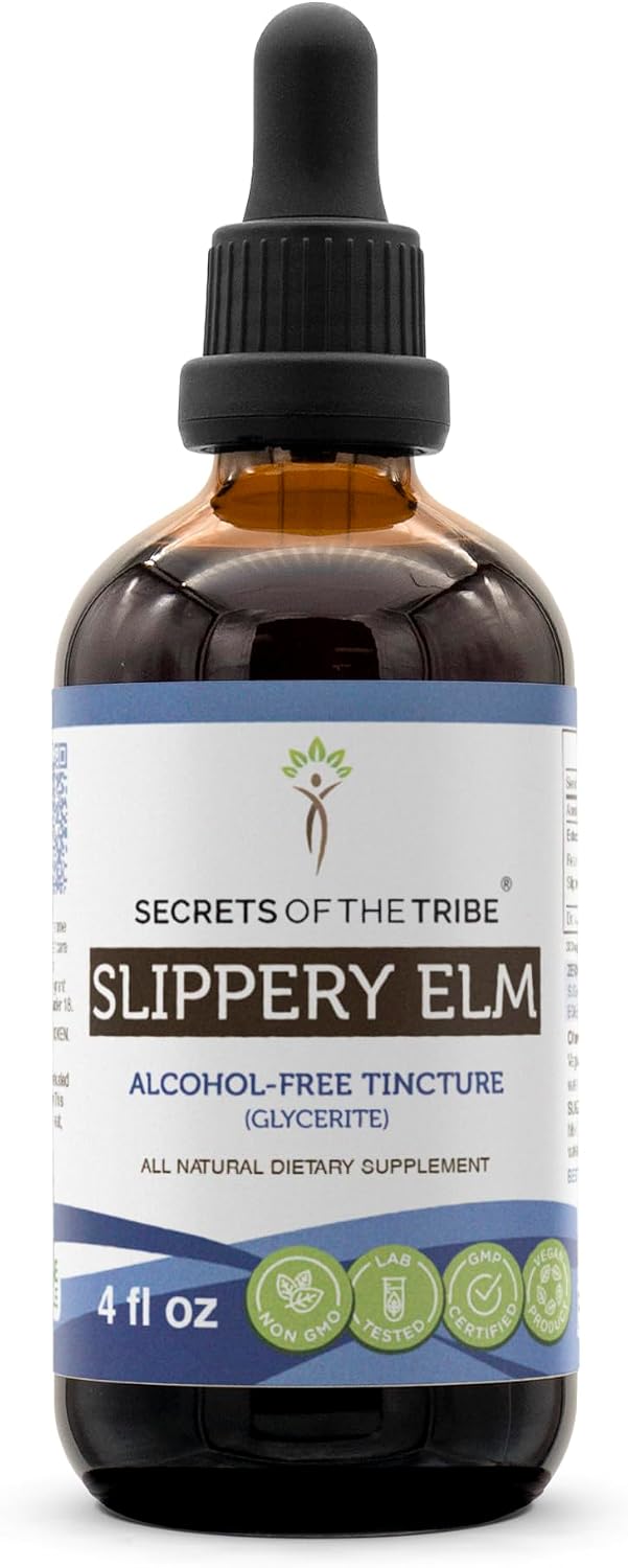 Secrets of the Tribe Alcohol-Free Slippery Elm Liquid Extract, Responsibly Wildcrafted Dried Slippery Elm Bark (Ulmus Rubra) 4 fl oz