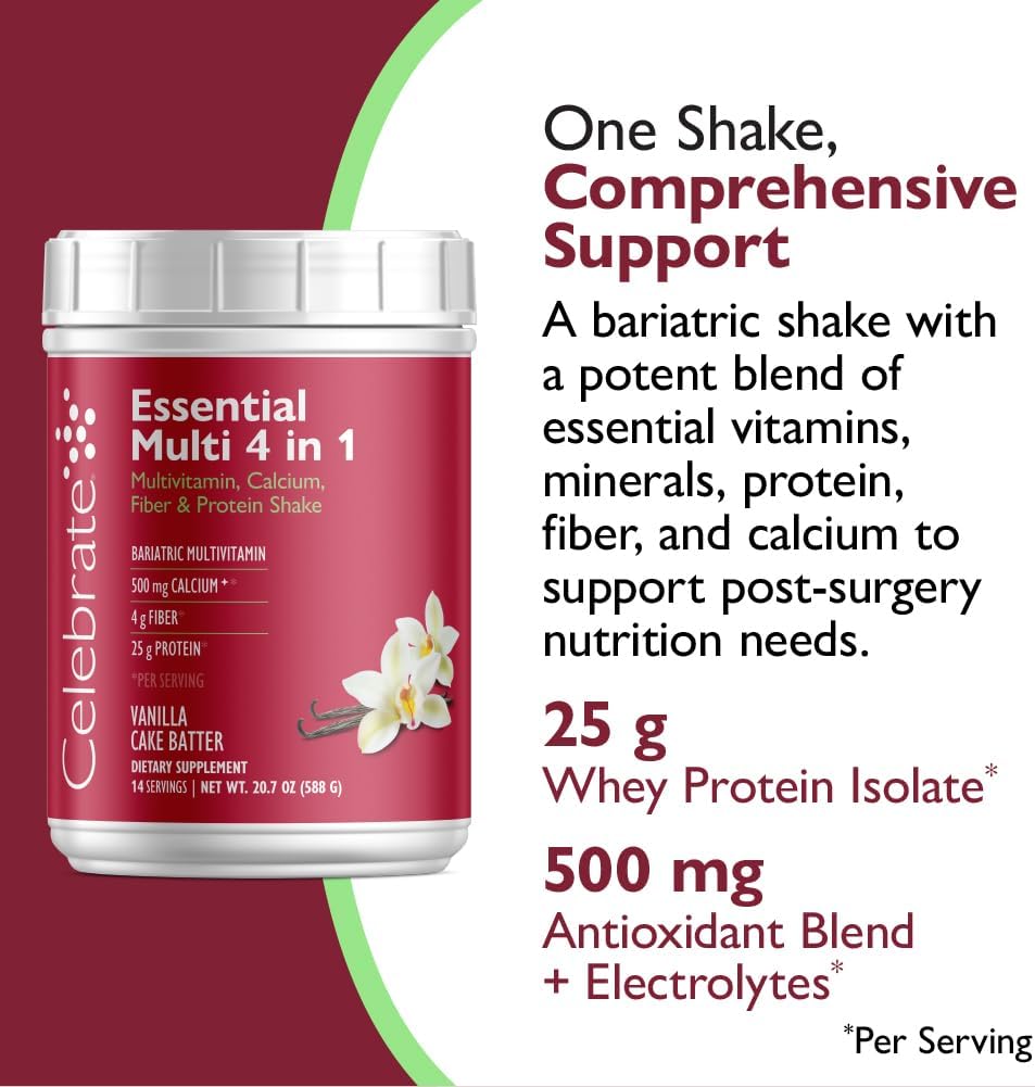 Celebrate Vitamins 4-in-1 Bariatric Multivitamin with Calcium Citrate Protein Shake - Vainilla Cake Batter, 14 Raciones